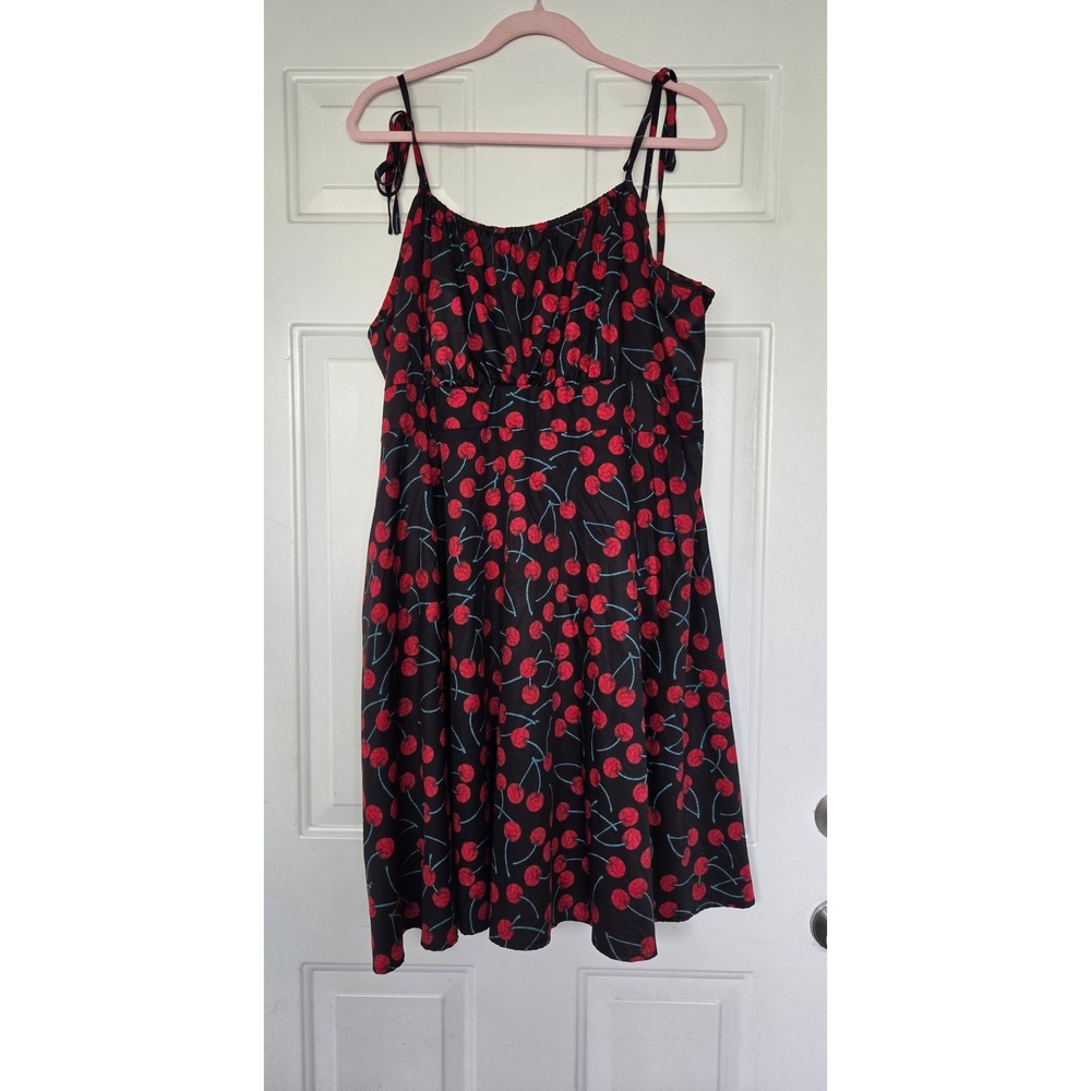 SHEIN Curve Plus Size 4XL Cherry Print Tie Shoulder Smocked Back Mini Dress
